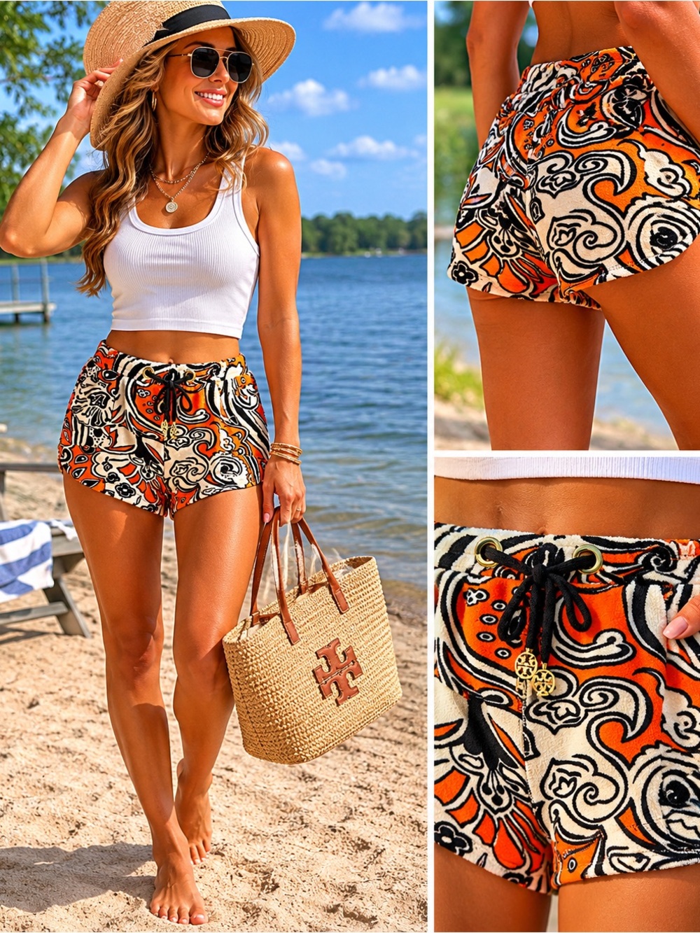 Women’s Orange Paisley Swim/Beach Shorts Tory Burch Terry Cloth XL